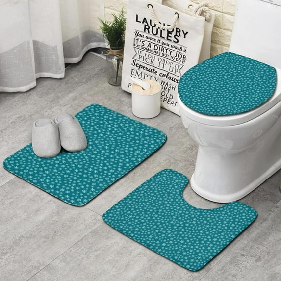 Teal Christmas Snowflake Pattern Bathroom Rugs Sets 3 Piece,Toilet Cover Set,Absorbent Non Slip Bathroom Mats Sets with U-Shaped Contour Rug Toilet Rug Set