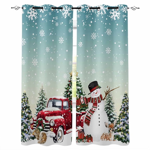 Teal Christmas Snowman Blackout Curtains 39 Inches Long for Bedroom, Xmas Truck Tree Snowflake Thermal Insulated Room Darkening Black Out Window Curtain Panels Grommet Drapes for Living Room