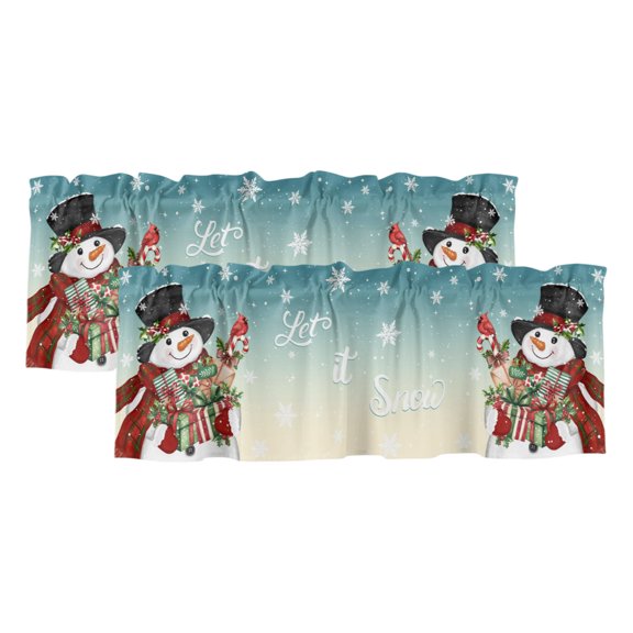 Teal Christmas Snowman Curtain Valances for Windows, Xmas Botanical Birds Snowflake Light Filtering Kitchen Curtains, Rod Pocket Window Valance Curtains for Living Room, 42" W x 12" L, 2 Panels