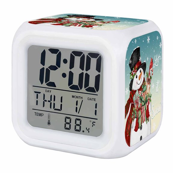 Teal Christmas Snowman Digital Alarm Clock for Bedrooms, Smart LED Alarm Clock with 7 Color Changing Night Light, Xmas Botanical Birds Snowflake Silent Wake Up Clocks for Sleep Study Cooking