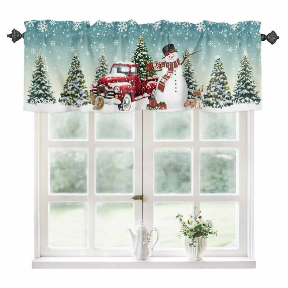 Teal Christmas Snowman Kitchen Valances for Windows 54x18 Inch Kitchen Curtains Valances Rod Pocket Xmas Truck Tree Snowflake Bathroom Window Valances for Window Treatment Decor