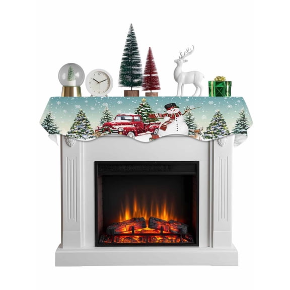 Teal Christmas Snowman Mantel Scarf Fireplace Decorations for Living Room, Xmas Truck Tree Snowflake Fireplace Mantel Scarf Cover Runner for Halloween/Thanksgiving/Christmas Decor 70"x17"