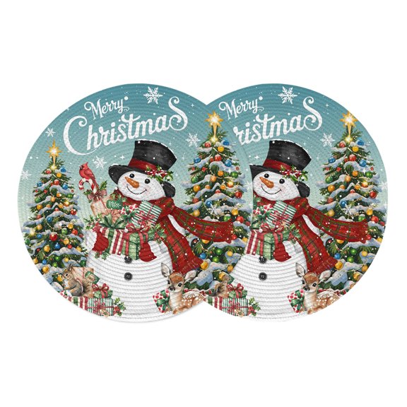 Teal Christmas Snowman Round Placemats Set of 2, Braided Polypropylene Place Mats, Xmas Tree Snowflake Botanical Washable Table Mats for Kitchen Dinner Holiday Wedding Party Coffee Table Decor 13"