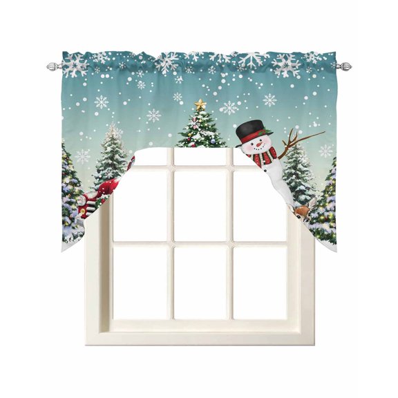 Teal Christmas Snowman Swag Valances for Windows, Small Curtains Drapes, Xmas Truck Tree Snowflake Kitchen Window Curtains Over Sink Rod Pocket Window Treatment Valance for Bedroom/Bathroom 56"x36"