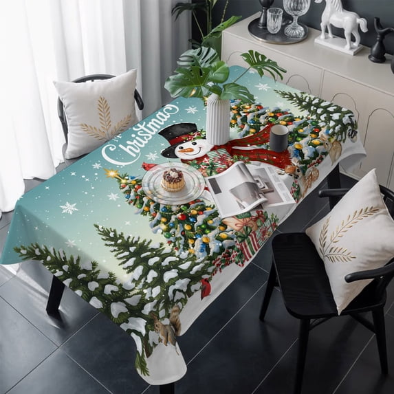 Teal Christmas Snowman Table Cloth Waterproof Tablecloths, Xmas Tree Snowflake Botanical Tablecloth Dining Table Cover for Kitchen Party Tabletop Outdoor, Rectangle Tablecloth 60x120 Inch
