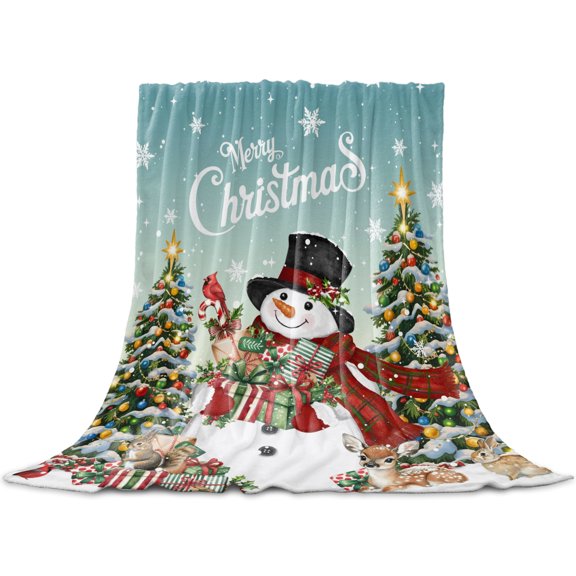 Teal Christmas Snowman Throw Blanket for Couch,Soft Lightweight Flannel Fleece Blanket,Xmas Tree Snowflake Botanical Microfiber Plush All Season Decorative Blankets for Sofa Office Travel 32"x48"
