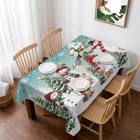 Teal Christmas Table Cloth Waterproof Tablecloths, Snowman Xmas Tree Snowflake Winter Tablecloth Dining Table Cover for Kitchen Party Tabletop Outdoor, Rectangle Tablecloth 52x70 Inch