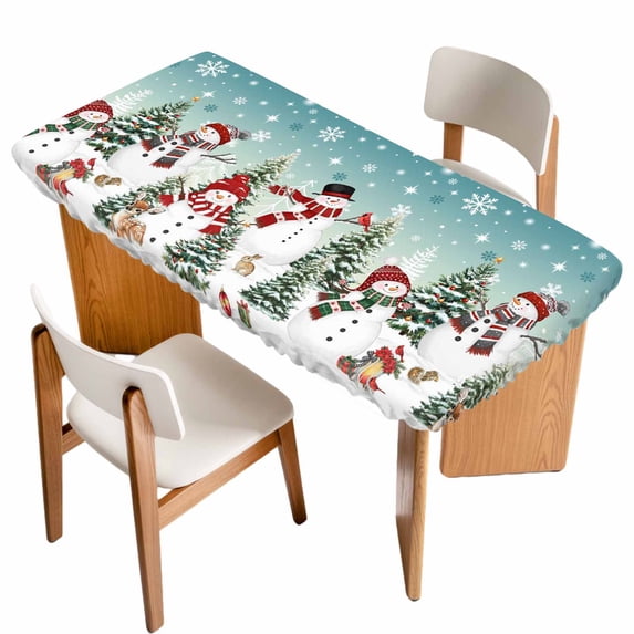 Teal Christmas Table Cloths for 3 Foot Rectangle Tables, Snowman Xmas Tree Snowflake Winter Patio Waterproof Elastic Fitted Tablecloths, Washable Rectangular Table Cover for Camping