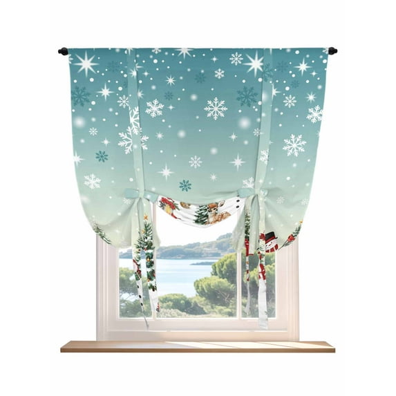 Teal Christmas Tie Up Curtains for Windows 45 Inch Length Balloon Curtains Kitchen Adjustable Balloon Window Shade Snowman Xmas Tree Snowflake Winter Tie Up Valance Bathroom Curtain Window 34"x45"