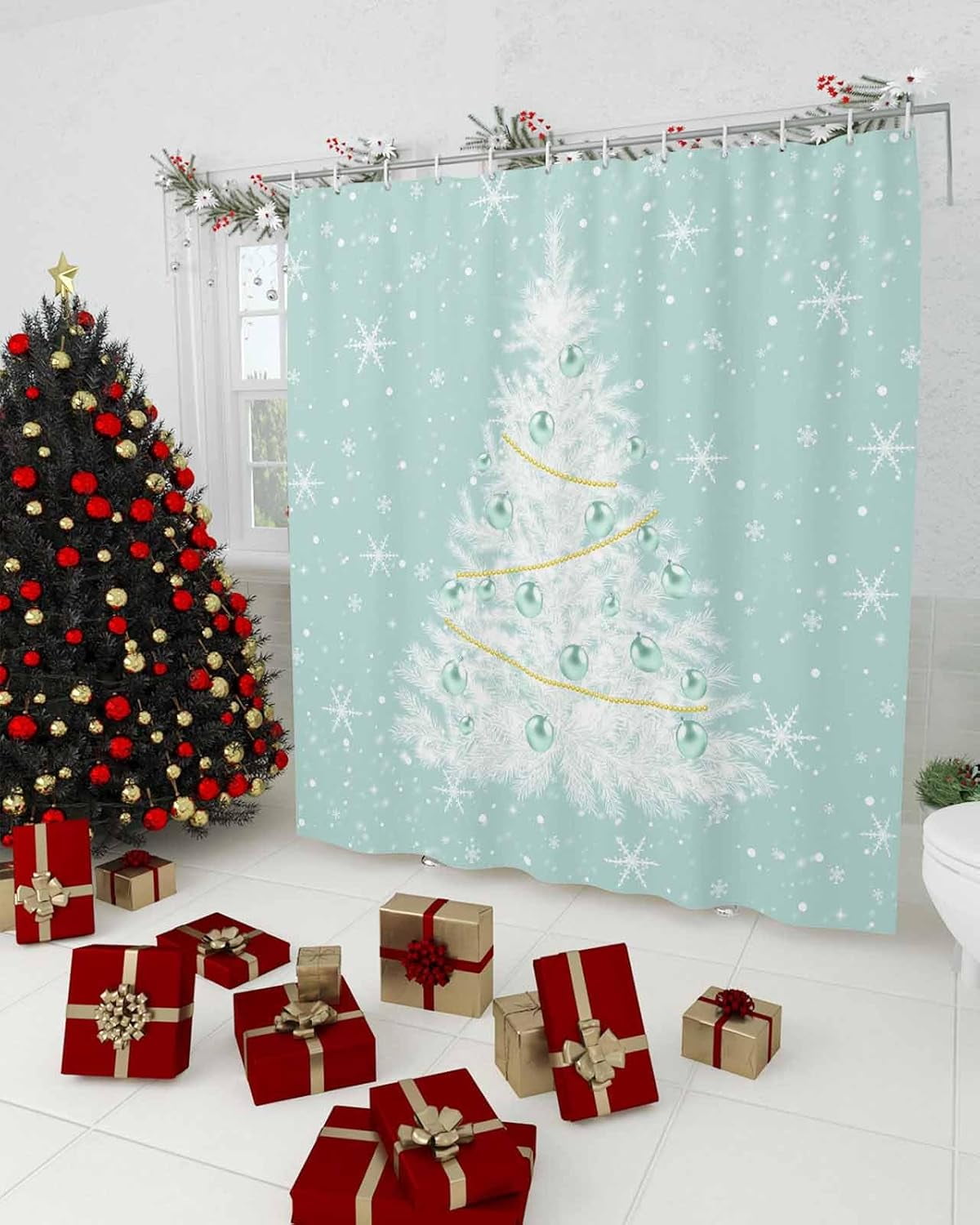 Teal Christmas Tree Shower Curtain, Snowflake Xmas Tree Waterproof