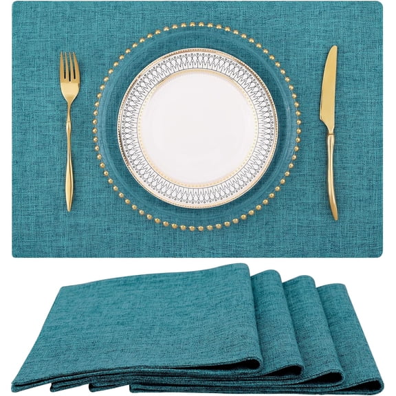 Teal Cloth Easter Placemats Set of 4 Cotton Linen Blend Washable Spring Dining Table Mats for Easter, Indoors & Outdoors, Easy to Clean, 13 x 19 Inch