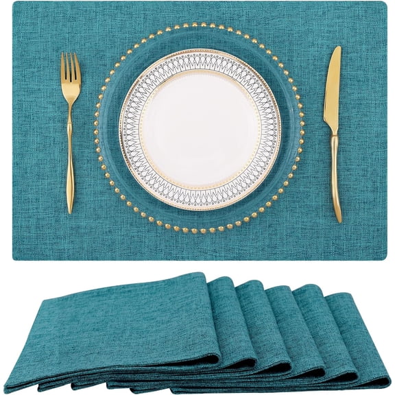 Teal Cloth Easter Placemats Set of 6 Cotton Linen Blend Washable Spring Dining Table Mats for Easter, Indoors & Outdoors, Easy to Clean, 13 x 19 Inch