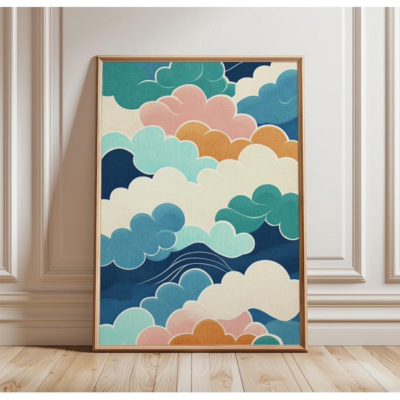 Teal Cloud Pattern Poster Japanese Abstract Wall Art Print 1