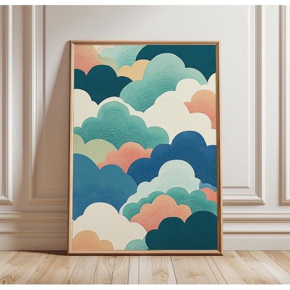 Teal Cloud Pattern Poster Japanese Abstract Wall Art Print