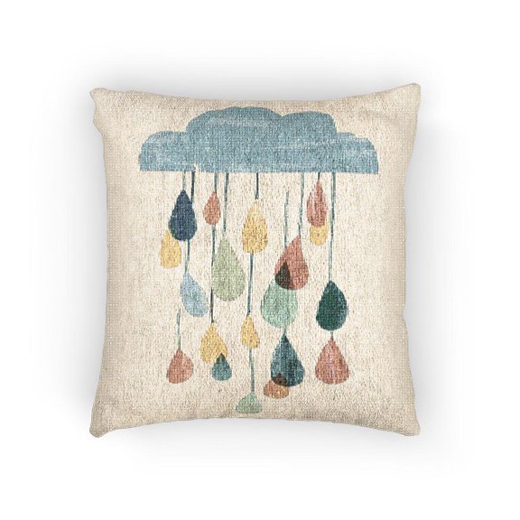 Teal Cloud with Red, Yellow and Green Raindrops Woven Pillow, Cotton-Polyester, Whimsical Weather Theme