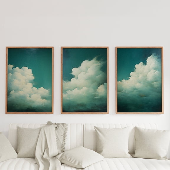 Teal Clouds Art Prints Set Minimalist Abstract Wall Decor Set 3
