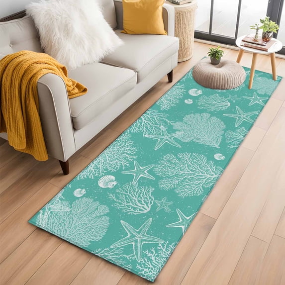 Teal Coastal 2'x6' Runner Rugs for Hallway Kitchen Bedside Non Slip Washable, Starfish Coral Summer Beach Ocean Entryway Rug Runners with Rubber Backing, Long Carpet Runner for Laundry Room