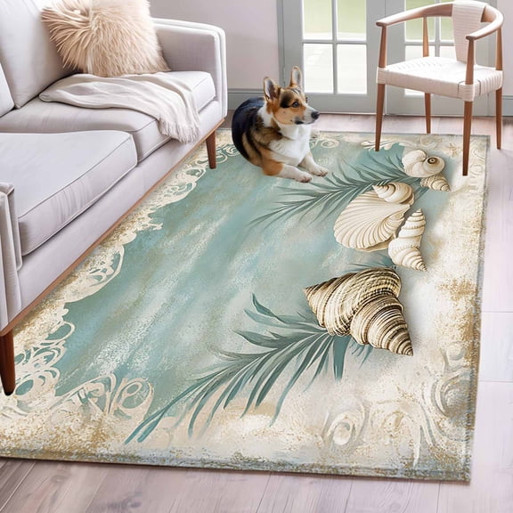 Teal Coastal Area Rug 4x6 Washable Rug Non Slip Vintage Ocean Beach Shell Nautical Large Area Rug Indoor Floor Carpet for Entryway Bedroom Kitchen Living Room Home Office Dining Room Nursery