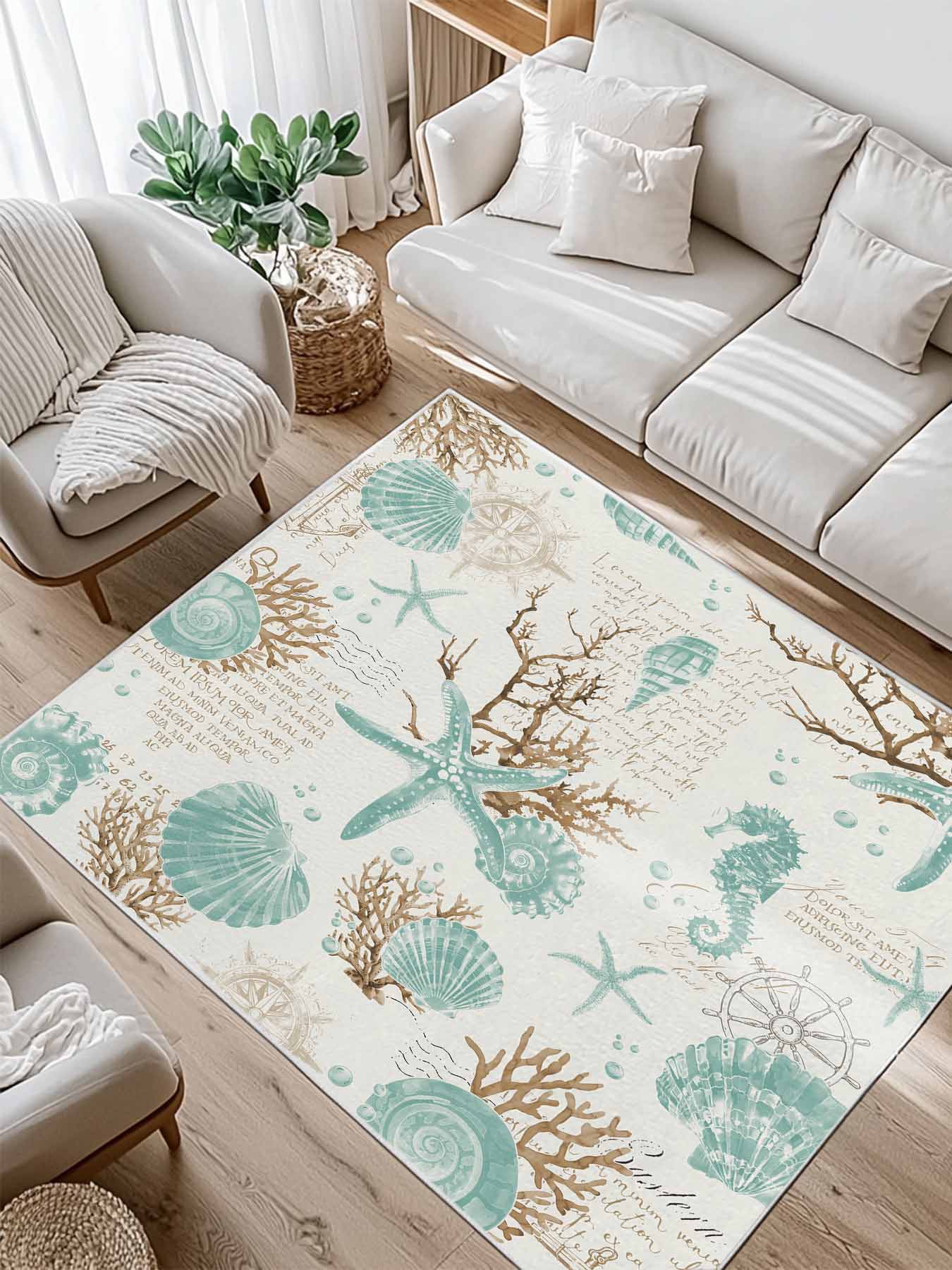 Teal Coastal Area Rug for Bedroom 4x6 Ft Starfish Shell Coral