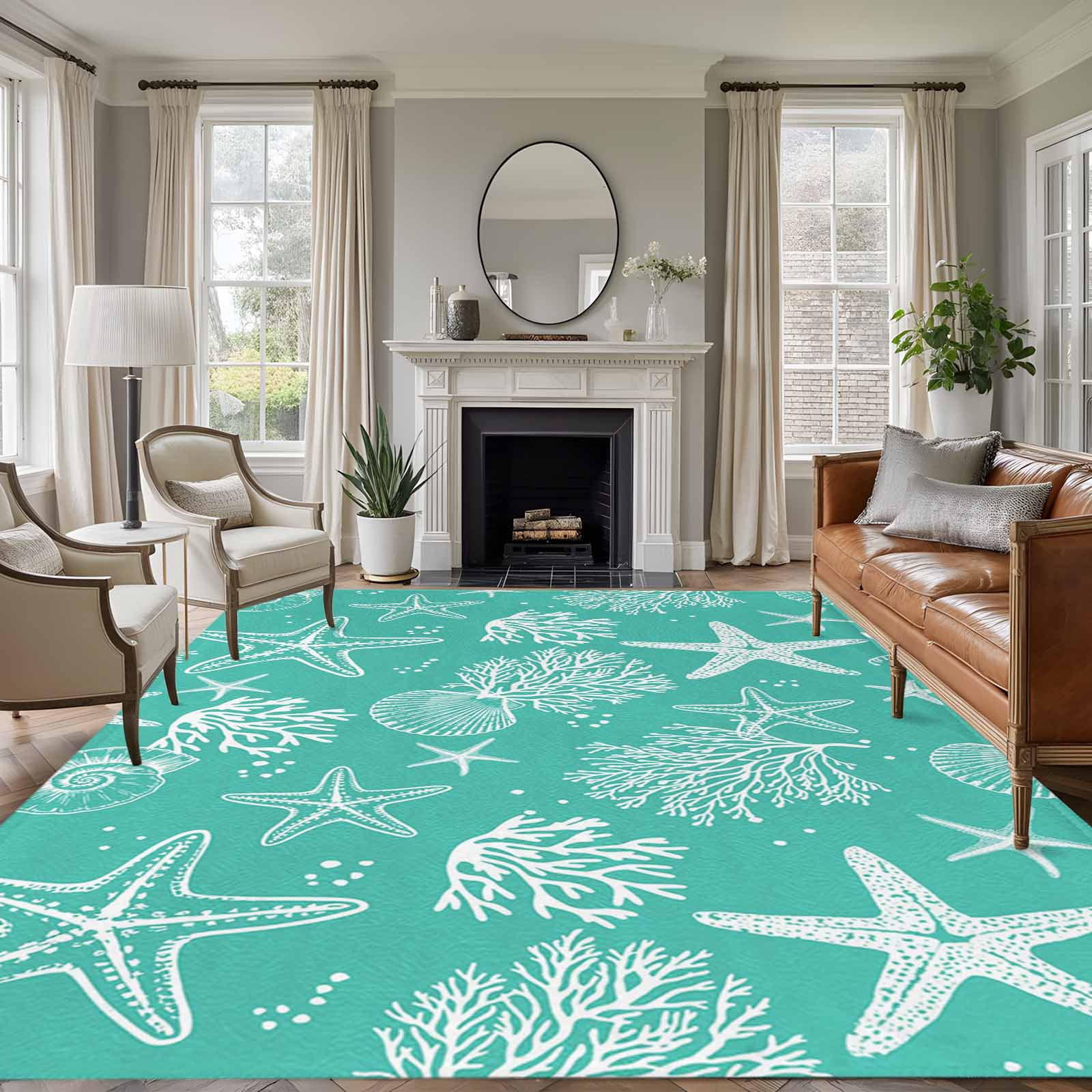Teal Coastal Area Rugs 5'x7', Washable Small Throw Rugs for Laundry Room Playroom, Nautical Beach Starfish Coral Summer Indoor Outdoor Rug Non-Slip Low Pile Carpet Runner Reversible Floor Mats