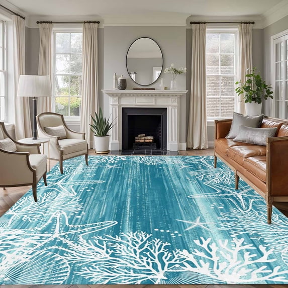 Teal Coastal Area Rugs 8'x10', Washable Small Throw Rugs for Living Room Patio, Summer Ocean Sea Ombre Starfish Corals Indoor Outdoor Rug Non-Slip Low Pile Carpet Runner Reversible Floor Mats