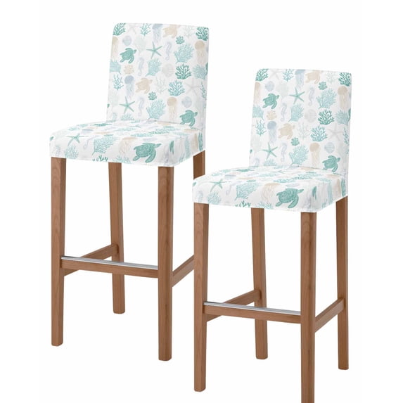 Teal Coastal Bar Stool Covers Set of 2, Nautical Summer Beach Coral Sea Turtle Stretch Washable Bar Chair Covers with Backs, Removable Pub Counter Height Chair Cover for Kitchen Dining Room Cafe