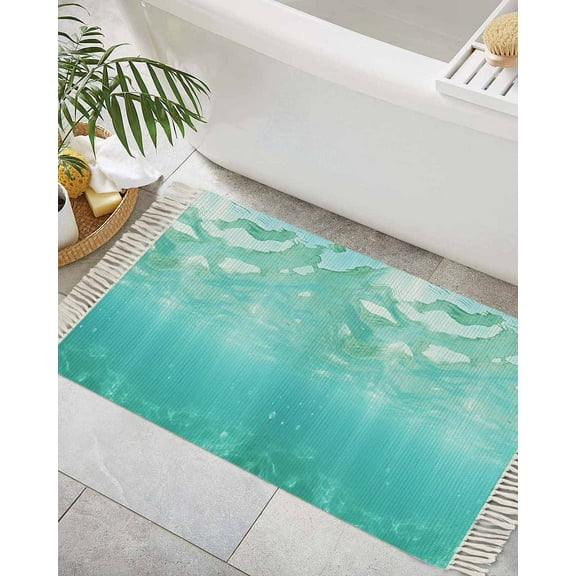 Teal Coastal Bath Rug 2x3ft Woven Bathroom Entryway Runner Rug,Summer Beach Ocean Seawater Nautical Washable Living Room Hallway Bedroom Kitchen Carpet with Tassels,Indoor Outdoor Throw Doormat