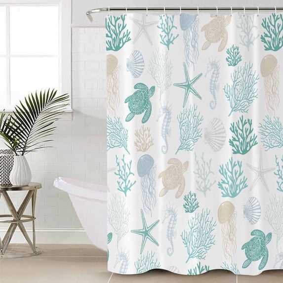 Teal Coastal Bathroom Curtain 72 Inch Shower Curtain with Hooks, Nautical Summer Beach Coral Sea Turtle Waterproof Polyester Bath Curtain Washable Bathtub Curtain 66''x 72''