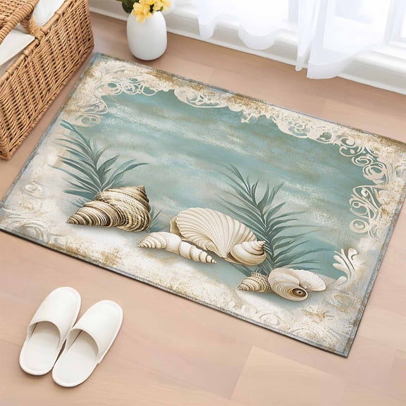 Teal Coastal Bathroom Rug Washable 2x3 Entryway Rug Non Slip Vintage Ocean Beach Shell Nautical Front Door Mat Low Pile Indoor Doormat Throw Floor Carpet for Kitchen Bedroom Entrance