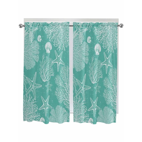 Teal Coastal Bathroom Window Curtain, Starfish Coral Summer Beach Ocean Light Filtering Coffee Kitchen Curtains, Bedroom Living Room Curtains 2 Panel 84"x63"