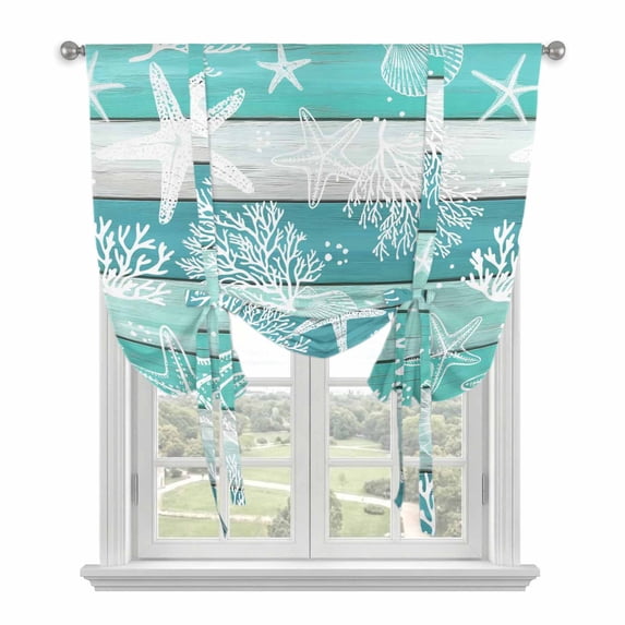 Teal Coastal Beach Balloon Curtains for Living Room/French Door, Nautical Starfish Coral Vintage Wooden Tie Up Curtains 63 Inch Length Energy Saving Kitchen Curtains Shades for Windows 42"x63"