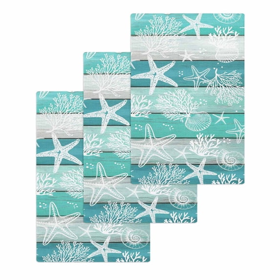 Teal Coastal Beach Kitchen Dish Towels for Drying Dishes Set of 3, Nautical Starfish Coral Vintage Wooden Waffle Weave Microfiber Hand Tea Bathroom Towels Quick Dry & Absorbent Towel 15.7x23.6