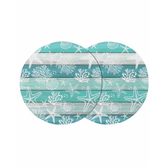 Teal Coastal Beach Round 13 Inch Placemats Set of 2, Nautical Starfish Coral Vintage Wooden HeatResistant Non Slip Place Mats for Dining Table, Wipeable Braided Kitchen Table Mats for Housewarming