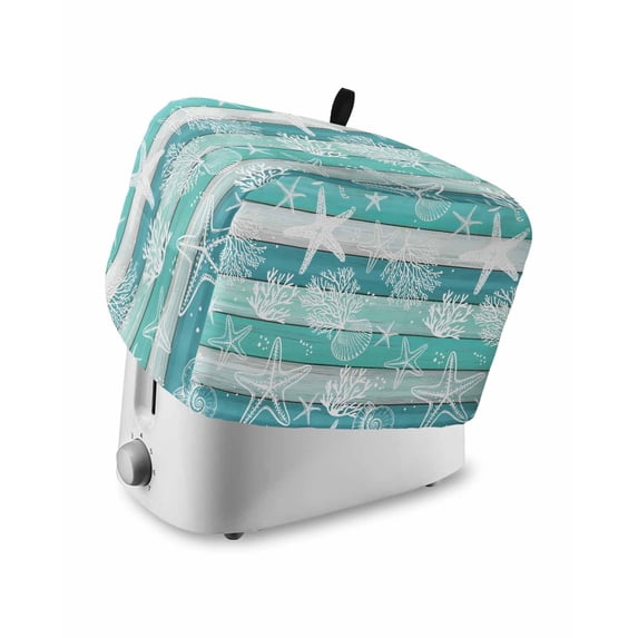 Teal Coastal Beach Small Toaster Cover 2 Slice, Kitchen Appliance Covers, Nautical Starfish Coral Vintage Wooden Toaster Oven Cover with Loop, Bread Machine Cover Polyester Dust Cover Protection