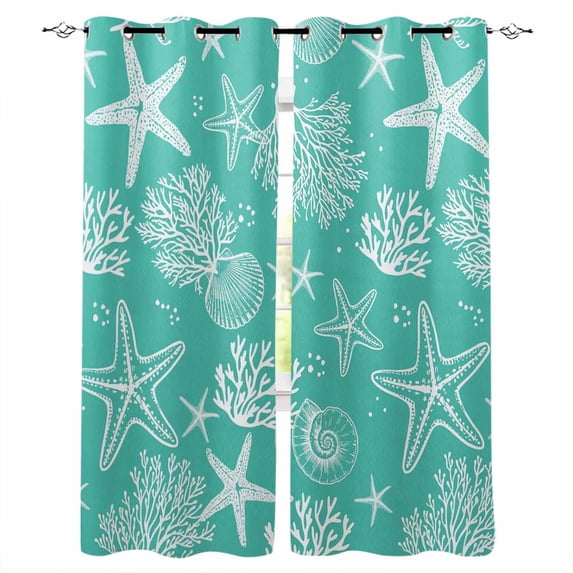 Teal Coastal Black Out Curtains 84 Inch Long for Living Room, Nautical Beach Starfish Coral Summer Blackout Curtain Shade Thermal Insulated Window Curtains Grommet Drapes 42"x84" 2 Panels