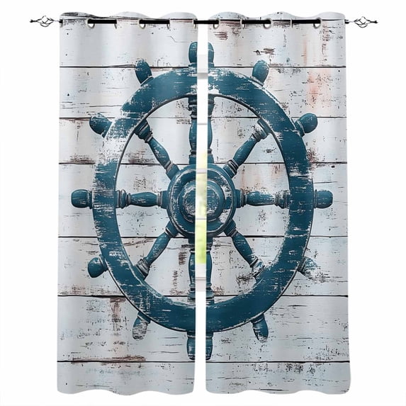 Teal Coastal Blackout Curtains for Bedroom/Living Room, Thermal Insulated Kitchen Curtains, Nautical Summer Rudder Vintage Grommet Darkening Window Treatment Drapes 52"x63"x2