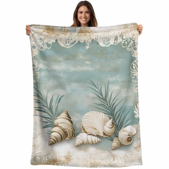 Teal Coastal Blanket Soft Cozy Warm Throw Blanket for Couch, Plush Fuzzy Flannel Fleece Blankets for Sofa, Vintage Ocean Beach Shell Nautical Bed Blankets Lightweight Gifts for Women, 40"x50"