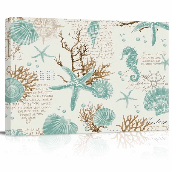 Teal Coastal Canvas Print Wall Art Starfish Shell Coral Seahorse Ocean Vintage Pictures Painting Morden Artwork for Living Room Bedroom, Ready to Hang - 12"x16"