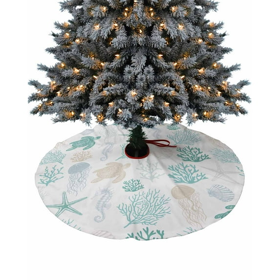 Teal Coastal Christmas Tree Skirt 36 Inches Large Christmas Skirt Tree, Nautical Summer Beach Coral Sea Turtle Tree Skirt Christmas Decorations for Fireplace Party Holidays Indoor Outdoor