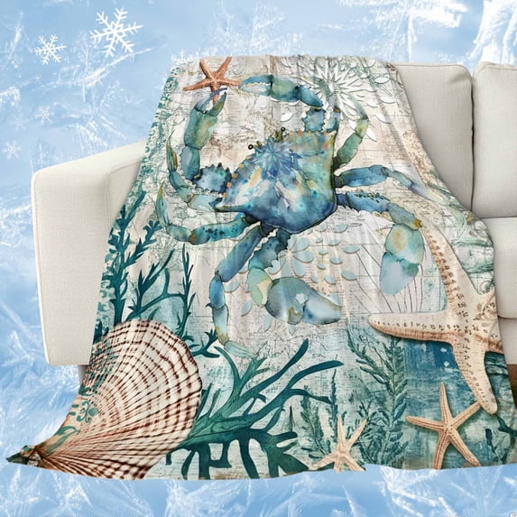 Teal Coastal Crab Cooling Blanket,Lightweight Breathable Summer Throw Blanket with Double Sided Cold Effect,Vintage Summer Beach Nautical Coral Picnic Blankets Bed Sheet for Hot Sleepers 30"x40"