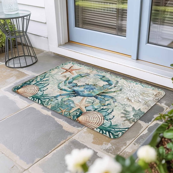Teal Coastal Crab Door Mat Indoor Outdoor, Vintage Summer Beach Nautical Coral Non Slip Welcome Mat with Rubber Backing, Absorbent Fabric Front Door Mats Entryway Rug for Home Patio Entrance 16"x24"