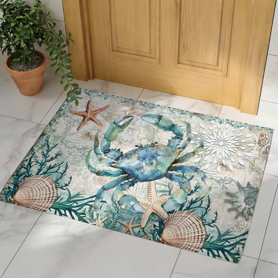 Teal Coastal Crab Door Mat, Non Slip Bathroom Rugs, Vintage Summer Beach Nautical Coral Absorbent Floor Mats, Washable Runner Rug Indoor Doormat for Front Door Entrance, Patio, Garage 20"x31.5"