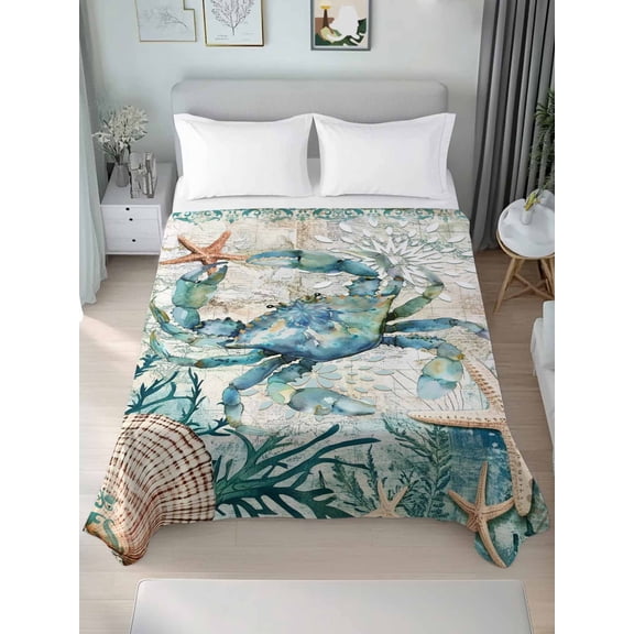 Teal Coastal Crab Twim XL Size Flat Sheet, Wrinkleproof & Fadeproof Cooling Flat Bed Sheet Only, Vintage Summer Beach Nautical Coral Breathable Soft Bedding Top Sheets 66 x 102 Inches