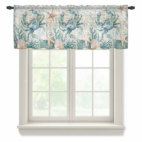 Teal Coastal Crab Valance Curtains for Kitchen/Living Room/Bathroom/Bedroom Window, Rod Pocket Small Topper Half Short Window Curtains Voile Sheer Scarf, Vintage Summer Beach Nautical Coral 42"x18"