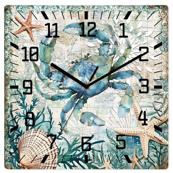 Teal Coastal Crab Wooden Wall Clock Silent Non Ticking, Vintage Summer Beach Nautical Coral Square Wall Clocks Battery Operated, Decor Clock for Home Office, Living Room, Kitchen, 10 Inch
