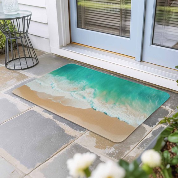 Teal Coastal Door Mat Indoor Outdoor, Summer Beach Seaside Ocean Nautical Non Slip Welcome Mat with Rubber Backing, Absorbent Fabric Front Door Mats Entryway Rug for Home Patio Entrance 16"x24"