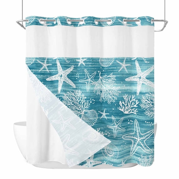 Teal Coastal No Hook Shower Curtain with Snap in Liner, Waterproof Fabric Shower Curtains, Summer Ocean Sea Waves Starfish Corals Shower Curtain Set Top See Through for Bathroom 72"x72"