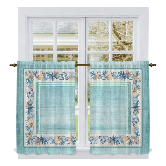 Teal Coastal Kitchen Curtains 54 Inch Length, Vintage Summer Beach Coral Shell Starfish Tiers Curtains for Bathroom Bedroom Cafe, Light Filtering Small Window Treatment Drapes 2 Panels 42"Wx54"L
