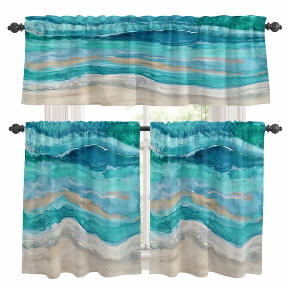 Teal Coastal Kitchen Curtains Sets for Windows 36 Inch Length, Summer Beach Nautical Abstract Art Rod Pocket Window Treatments Tier Curtains and Valances Set for Bedroom/Bathroom