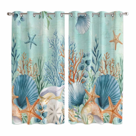 Teal Coastal Kitchen Curtains Window Panels, Summer Beach Starfish Shell Coral Nautical Insulated Window Treatment Curtain, Grommet Curtains for Bedroom/Living Room/Bathroom, 2 Piece 42"Wx63"L
